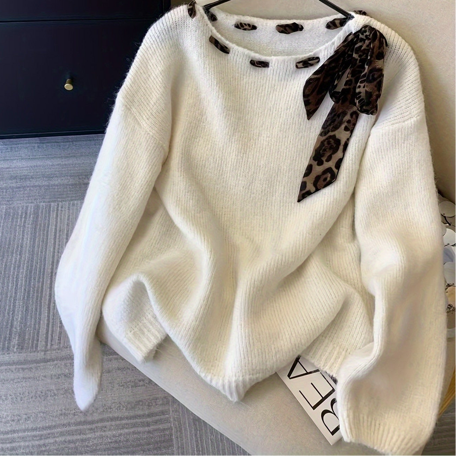 Damen Pullover mit Leopardenmuster Schal Ausschnitt Langarm Strickpullover