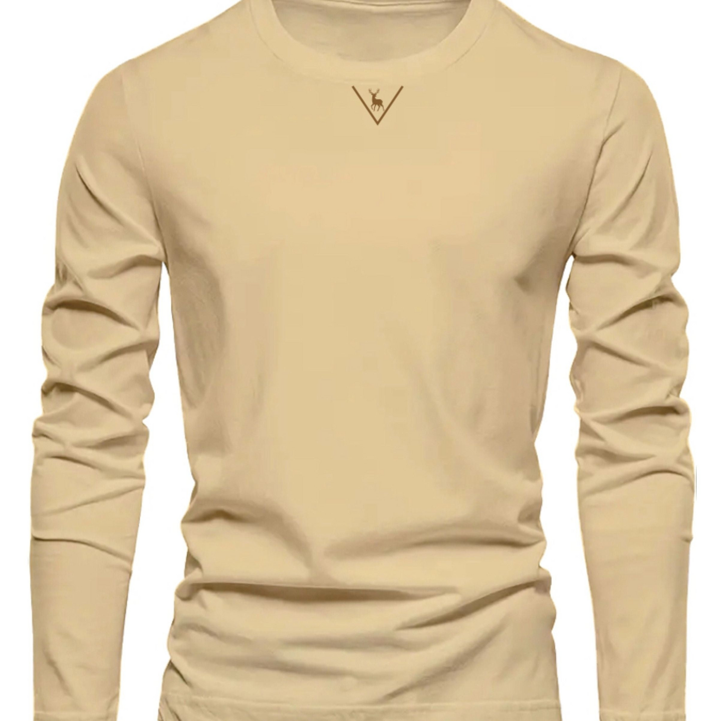 Herren Langarmshirt mit Rundhalsausschnitt und Hirsch-Logo, Freizeitshirt
