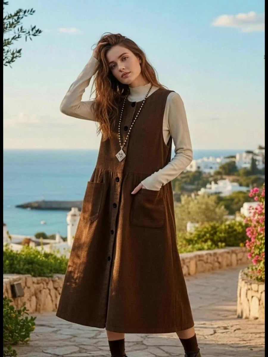 Damen Langes Trägerkleid Braun Knopfleiste Midi