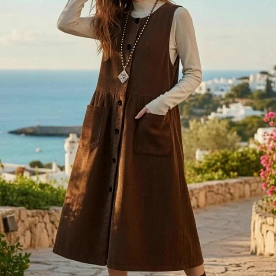 Damen Langes Trägerkleid Braun Knopfleiste Midi