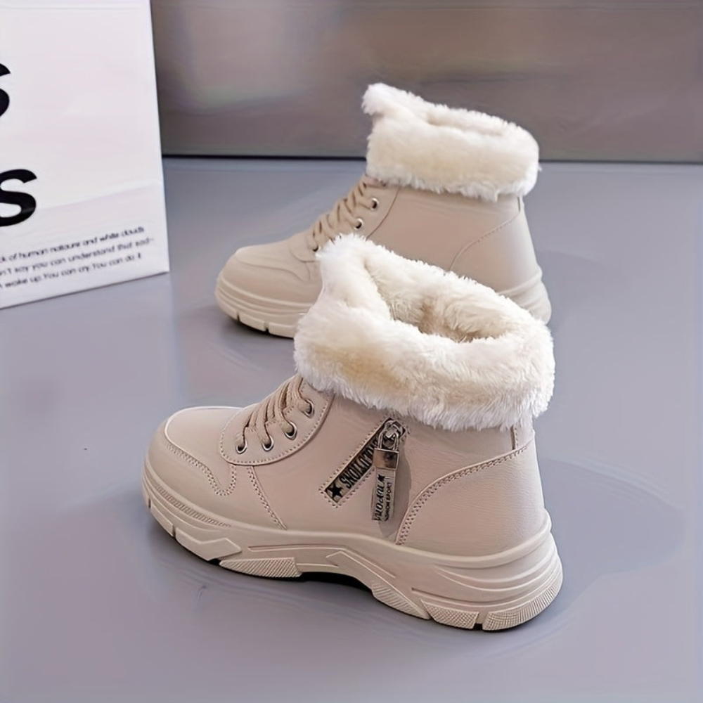 Winterstiefel Damen gefüttert Weiß Khaki Schnürung Profilsohle