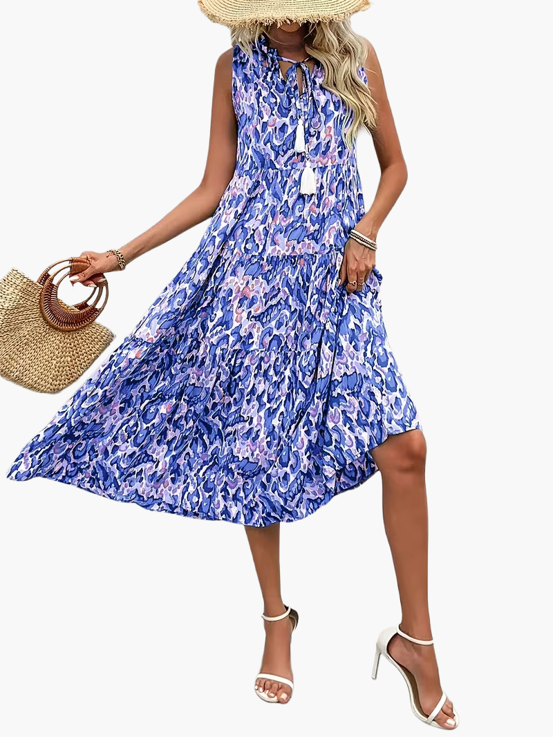 Damen Boho A-Linien Sommerkleid ärmellos – Luftiges Freizeitkleid mit Allover-Print und Quasten
