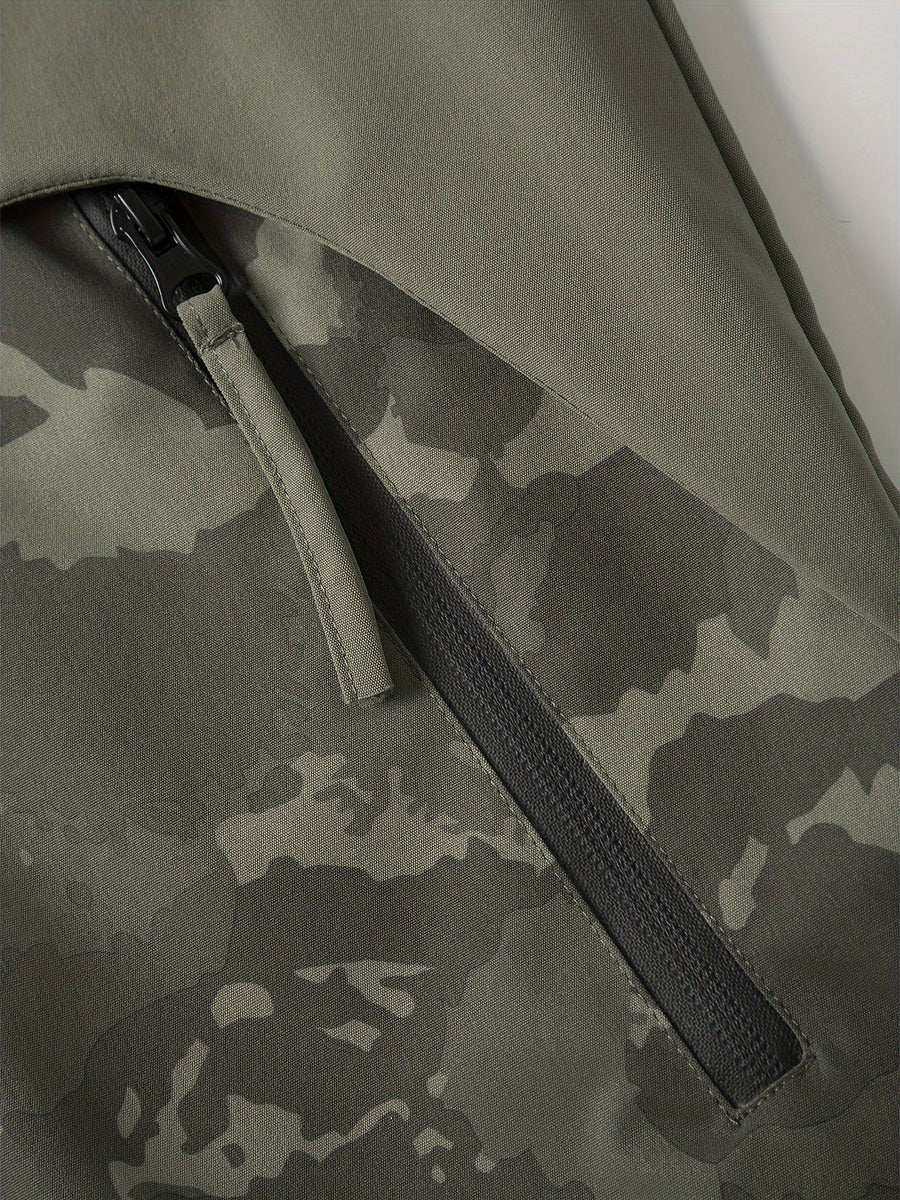 Herren Jacke Camouflage mit Kapuze und Reißverschluss, Olivgrün/Dunkelgrün