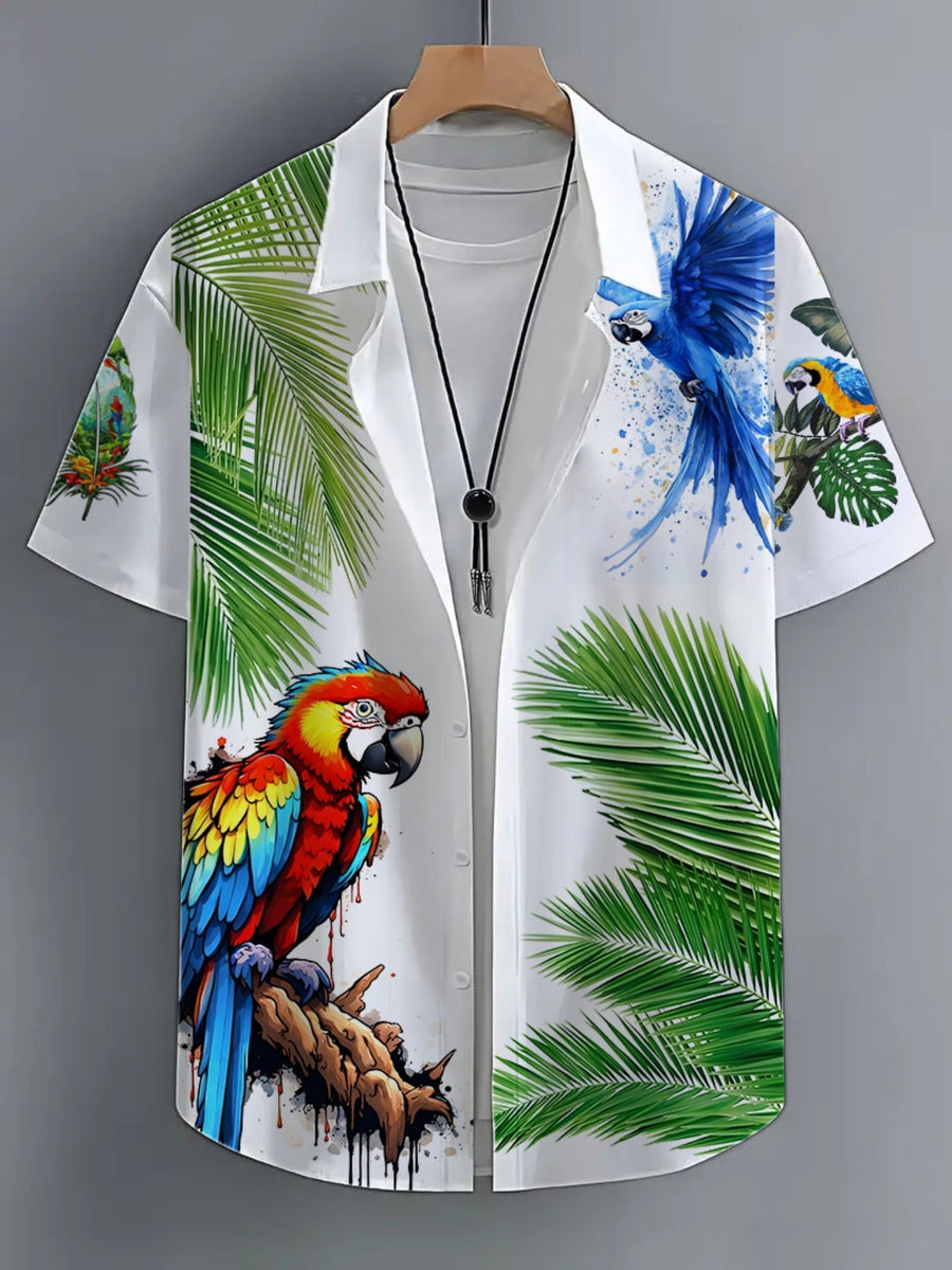 Herren Hawaiihemd mit Papageien-Print und tropischem Palmen-Design – Kurzarm, Freizeit, Sommer