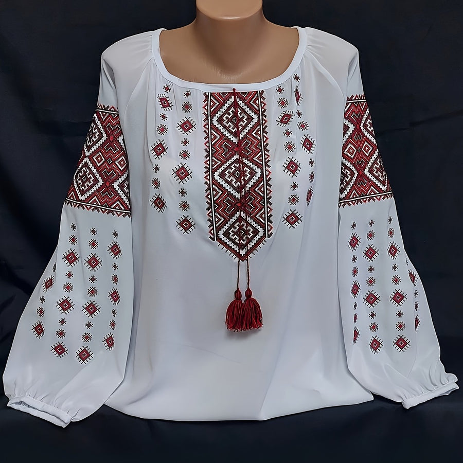 Damen Bluse mit runden Ausschnitt und rot-brauner Stickerei