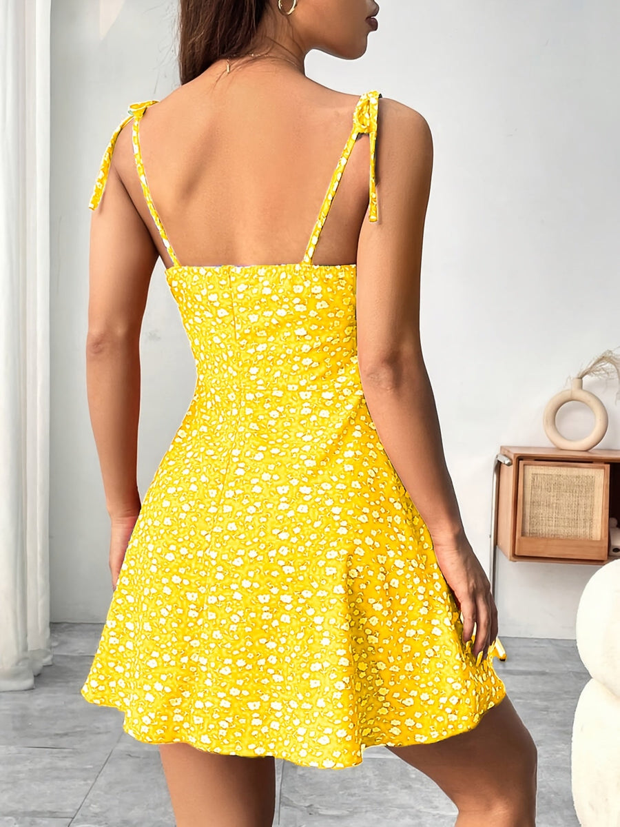 Damen Sommerkleid mit Blumendruck und Schleifen-Trägern – Verspieltes Freizeitkleid für Alltag und Urlaub