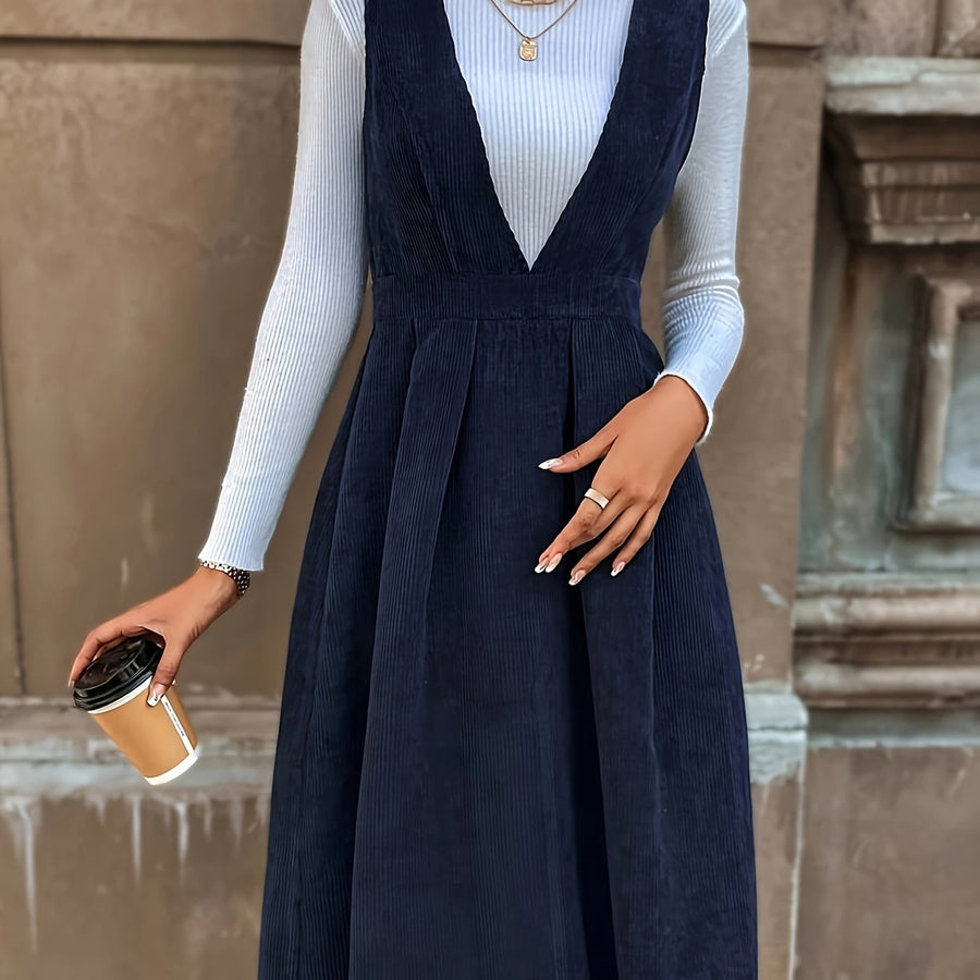 Damen Latzkleid Kord Midi Tief V-Ausschnitt Dunkelblau