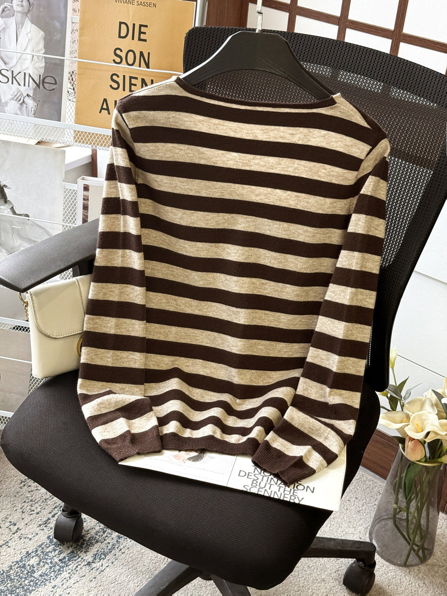 Damen Pullover Gestreift V-Ausschnitt Langarm Strick