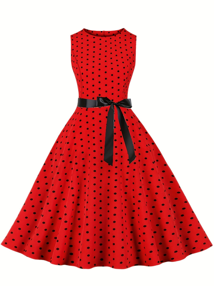 Damen Vintage Rockabilly Polka Dots Kleid mit Schleifen-Gürtel, Elegant, Ärmelos, Festlich & Alltag