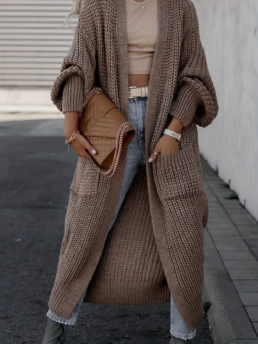 Damen Grobstrick Cardigan Lang Offen Strickjacke mit Taschen