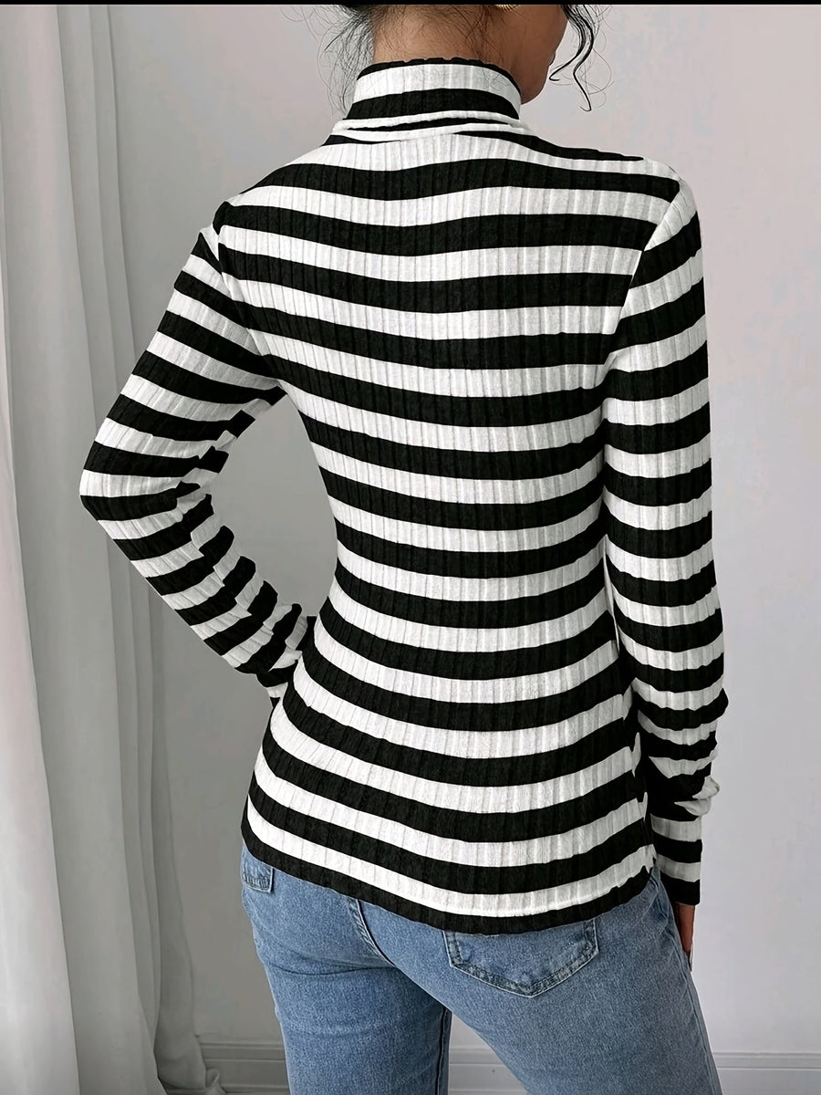 Damen Rollkragenpullover gestreift, Rippstrick, Langarm