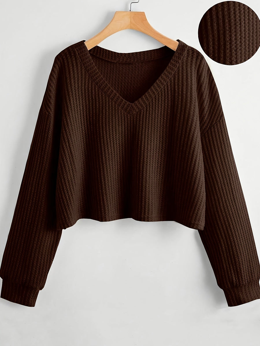 Damen Crop Top Strickpullover V-Ausschnitt Waffelstruktur Langarm