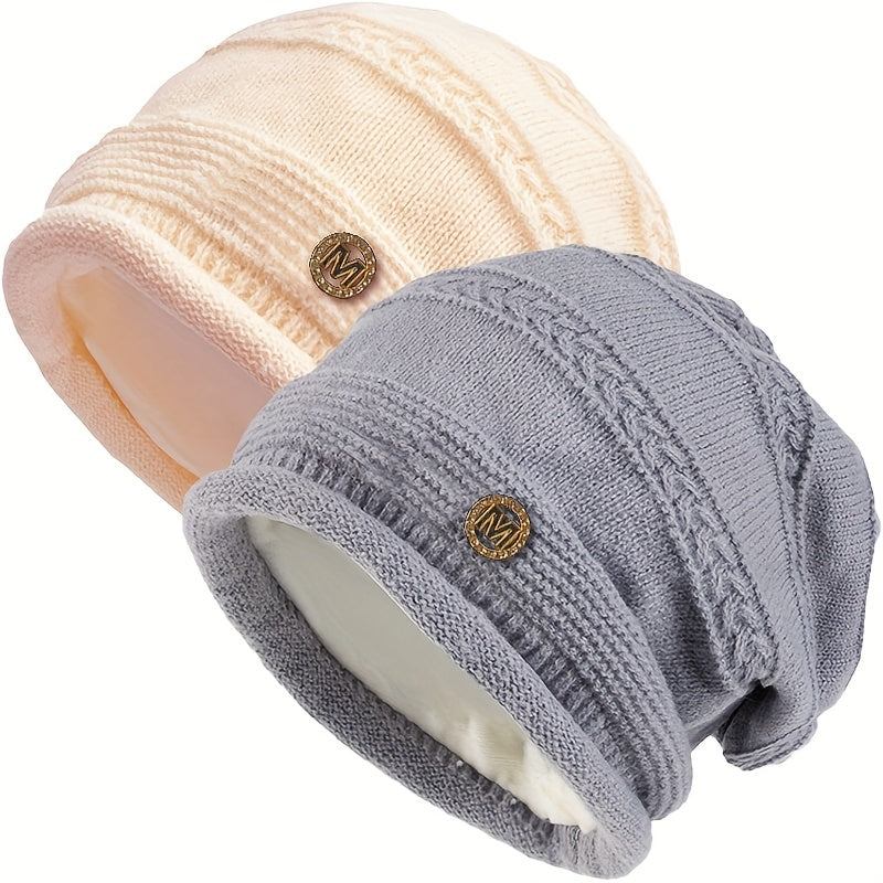 Slouchy Beanie Mütze Damen Strickmütze Beige mit Muster weiches Innenfutter