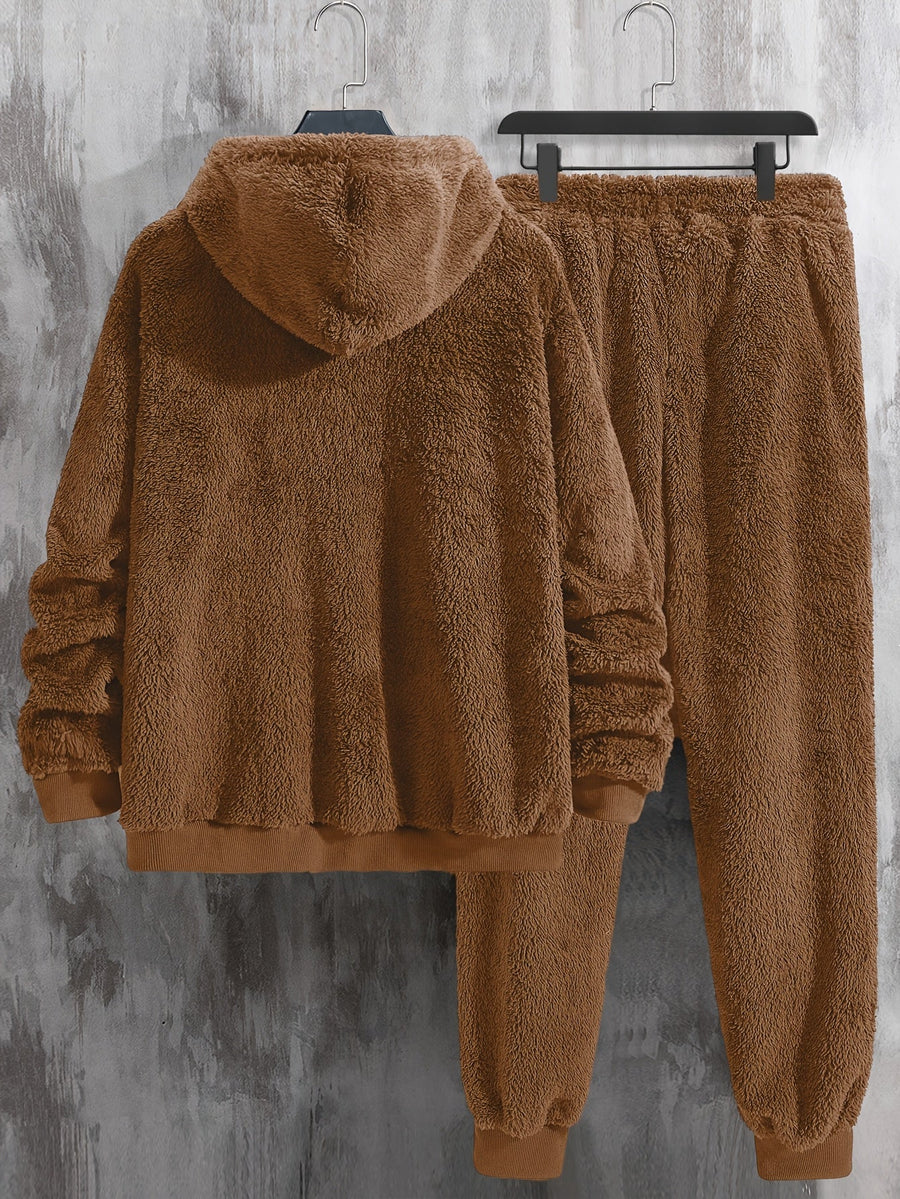 Unisex Teddy-Fleece Hausanzug mit Kapuze und Hose - Kuscheliger Hoodie-Jogginganzug