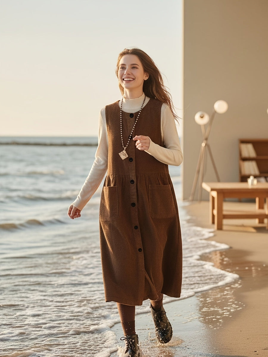 Damen Langes Trägerkleid Braun Knopfleiste Midi