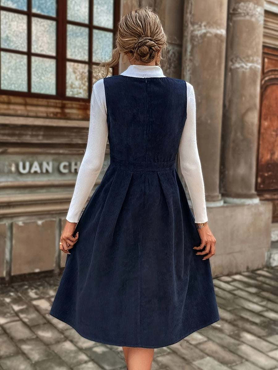 Damen Latzkleid Kord Midi Tief V-Ausschnitt Dunkelblau