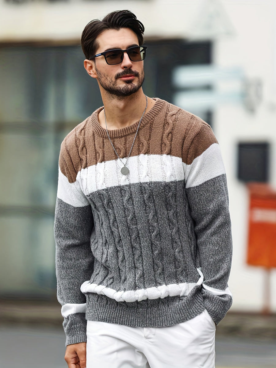 Herren Strickpullover Rundhals Zopfmuster Mehrfarbig Gestreift