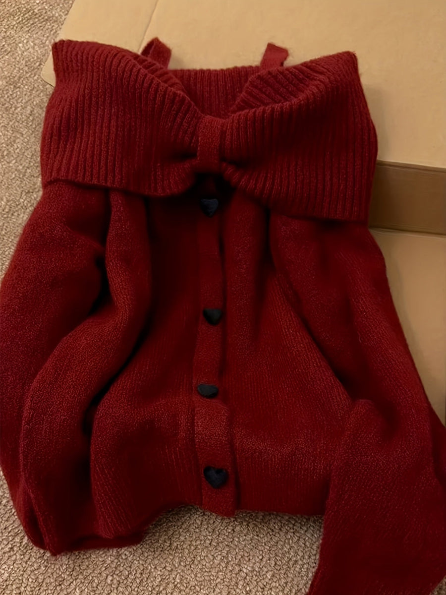 Damen Strickpullover Carmen-Ausschnitt Schleife Herzknöpfe