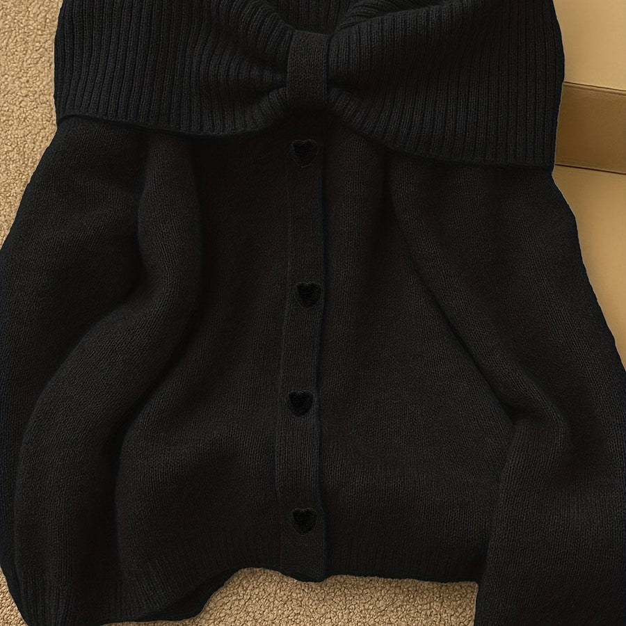 Damen Strickpullover Carmen-Ausschnitt Schleife Herzknöpfe