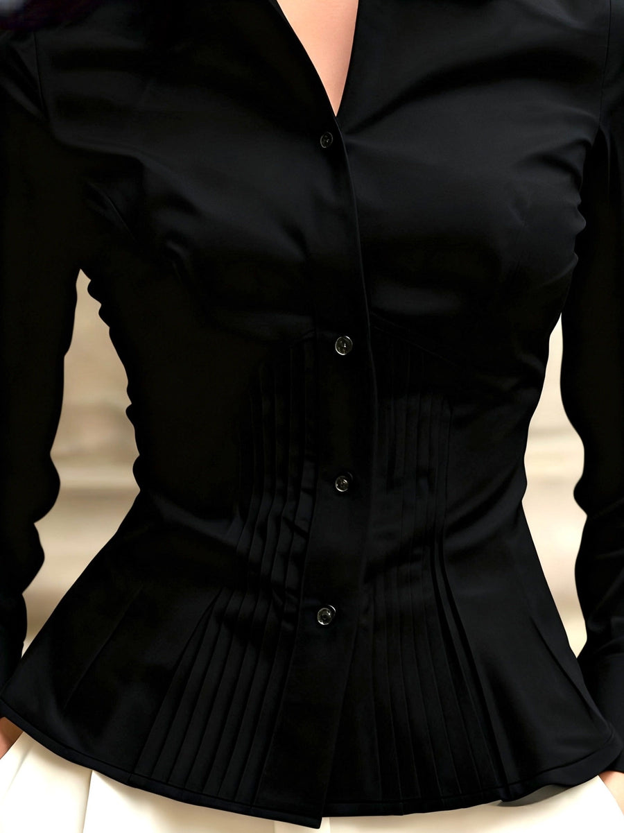 Damen Bluse Tailliert Langarm Hemd mit Plissees