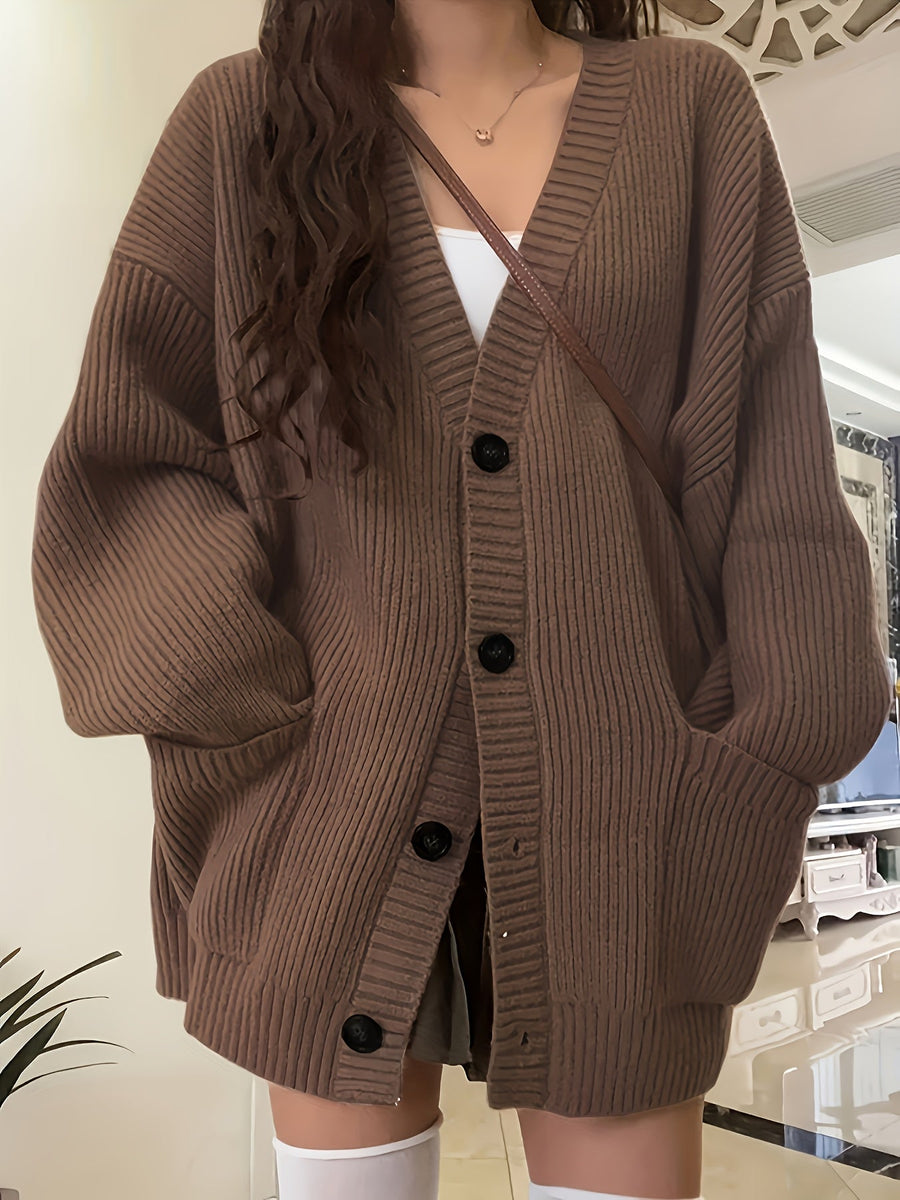 Damen Strickjacke Langarm V-Ausschnitt Knopfleiste Rippstrick Oversize