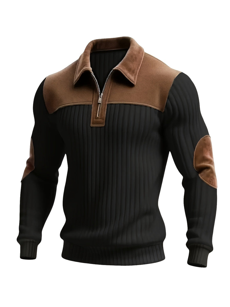 Herren Strickpullover Rippstrick Reißverschluss Kragen Ellenbogenpatches Beige Braun