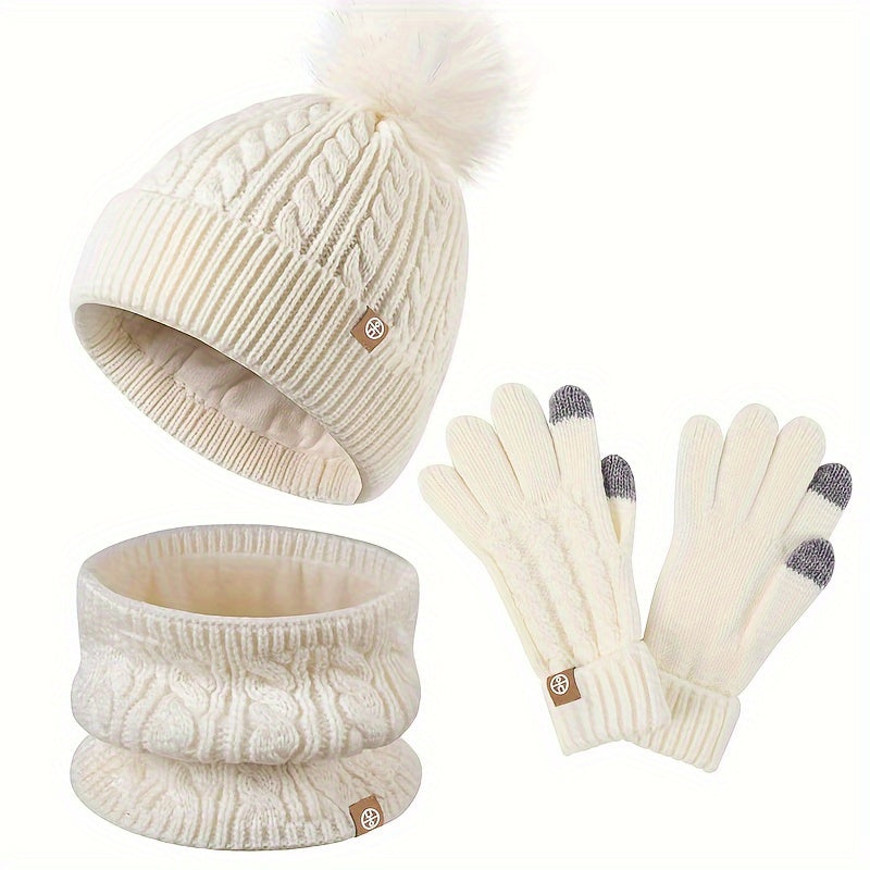 Unisex Strick Mütze mit Bommel, Schal und Handschuhe Set, Winter Warm