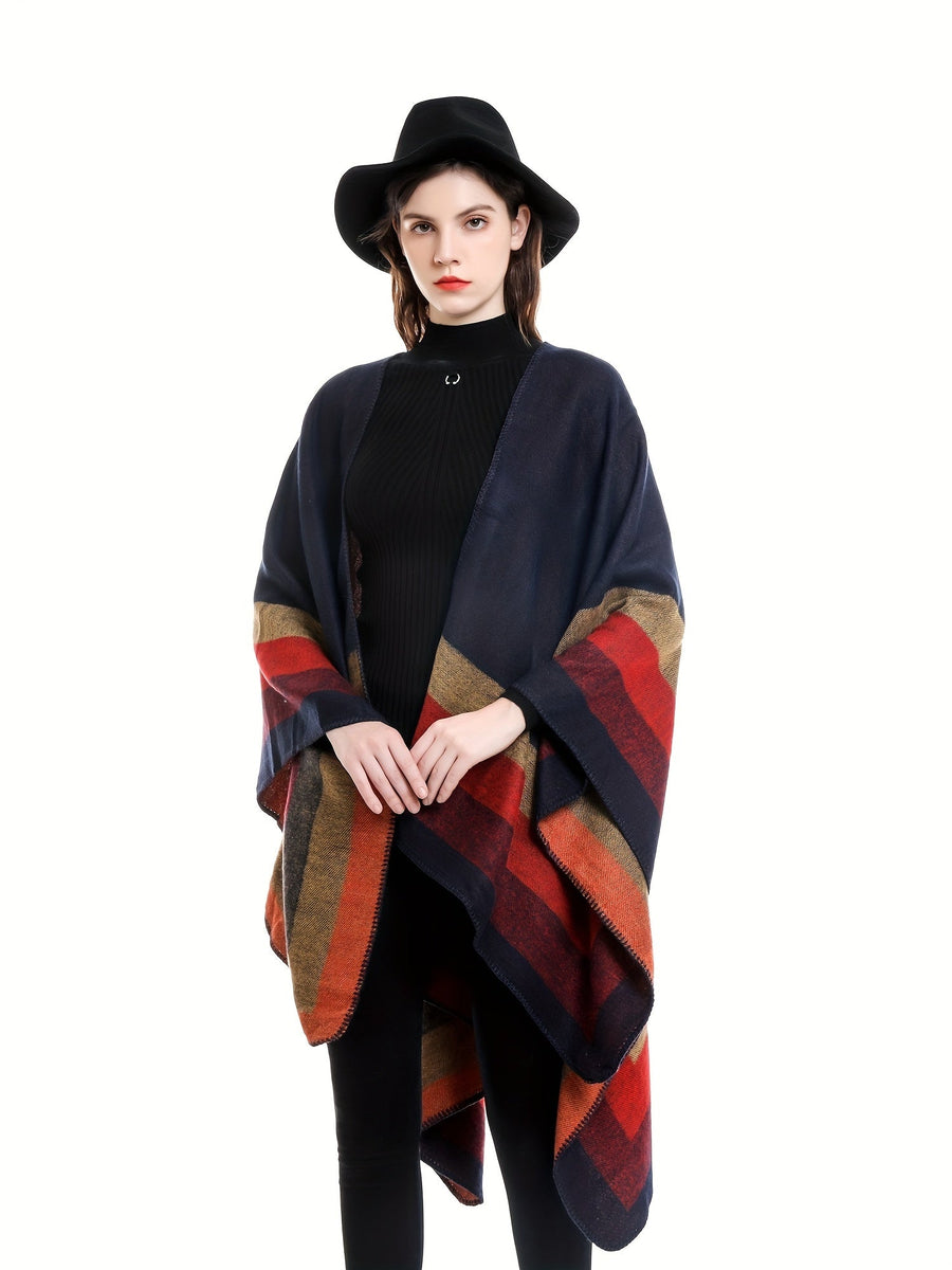 Damen Poncho mit Streifenmuster & offener Vorderseite