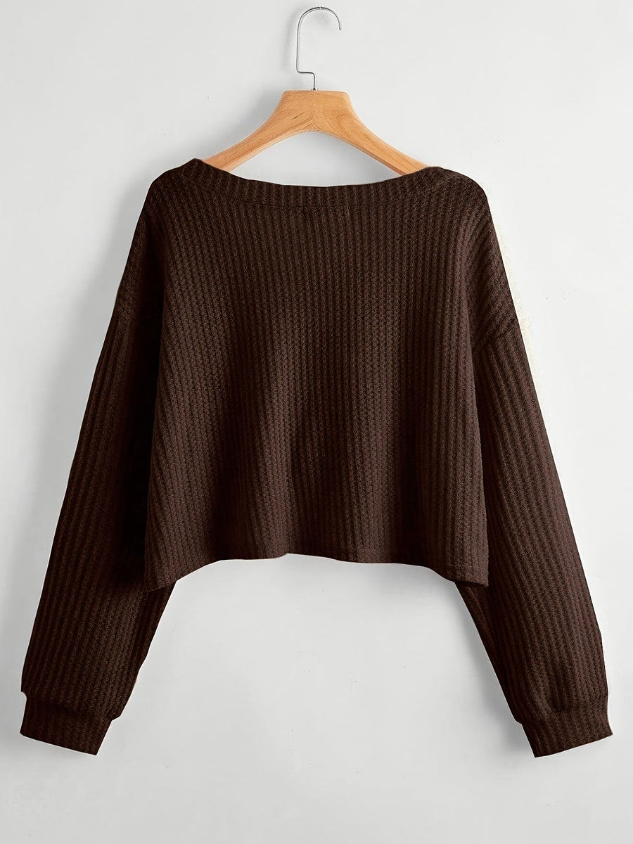 Damen Crop Top Strickpullover V-Ausschnitt Waffelstruktur Langarm