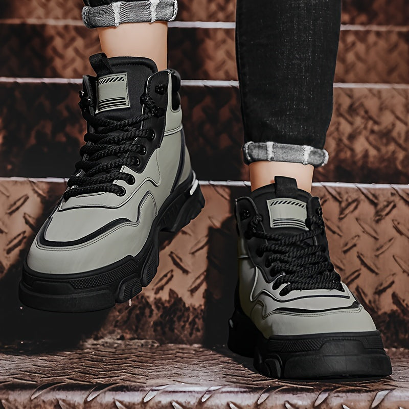 Unisex High-Top Sneaker-Stiefel mit Schnürung, kräftige Sohle, Schwarz/Grau