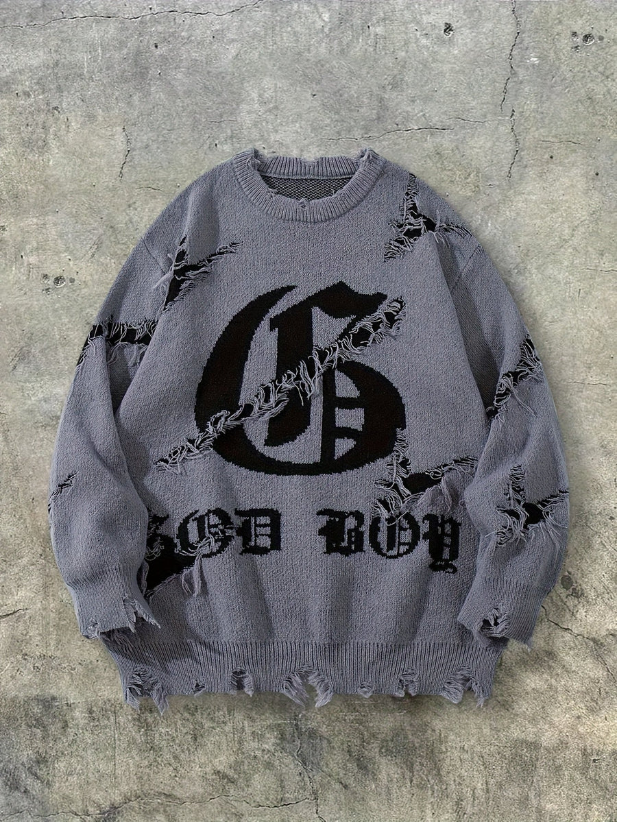 Distressed Pullover mit Rundhalsausschnitt und Gothic-Print