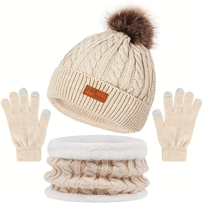 Unisex winterset met gebreide muts met pompon, sjaal en handschoenen