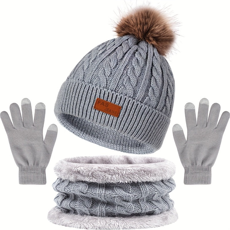 Unisex winterset met gebreide muts met pompon, sjaal en handschoenen