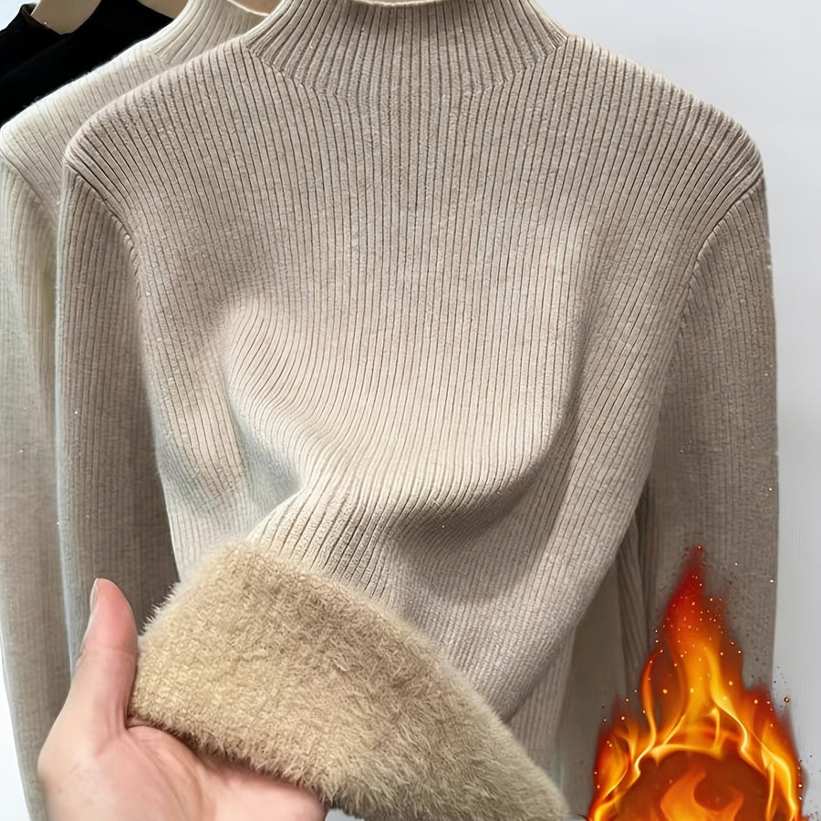 Gerippter Damen Mock-Neck Pullover Langarm Futter Weich Warm