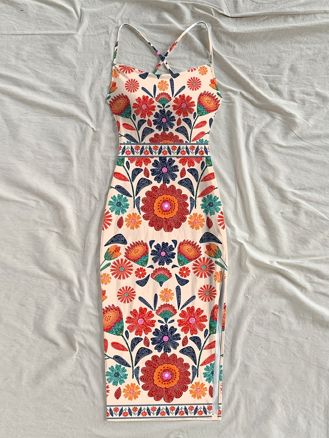 Damen Midi Kleid mit Blumenmuster und Spaghettiträgern – Boho Chic für Alltag & Urlaub