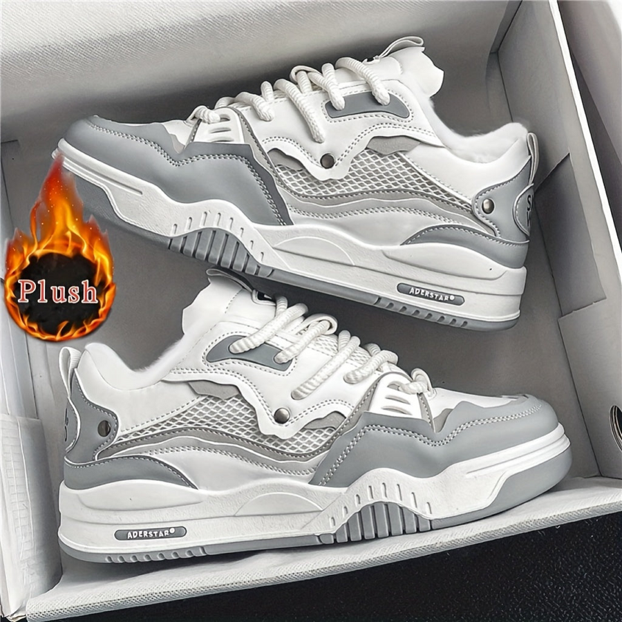 Sneaker mit Plüschfutter in Grau-Weiß, klobige Sohle, Schnürung