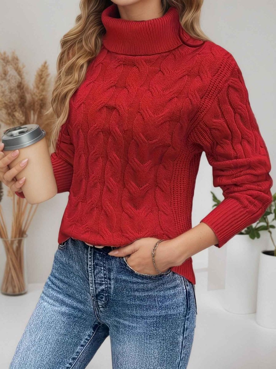 Damen Rollkragenpullover mit Zopfmuster Strickpullover