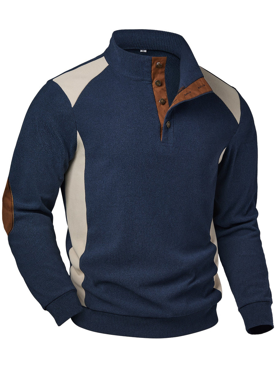 Herren Strickpullover Blau Beige mit Stehkragen & Knopfleiste, Ellbogen-Patches