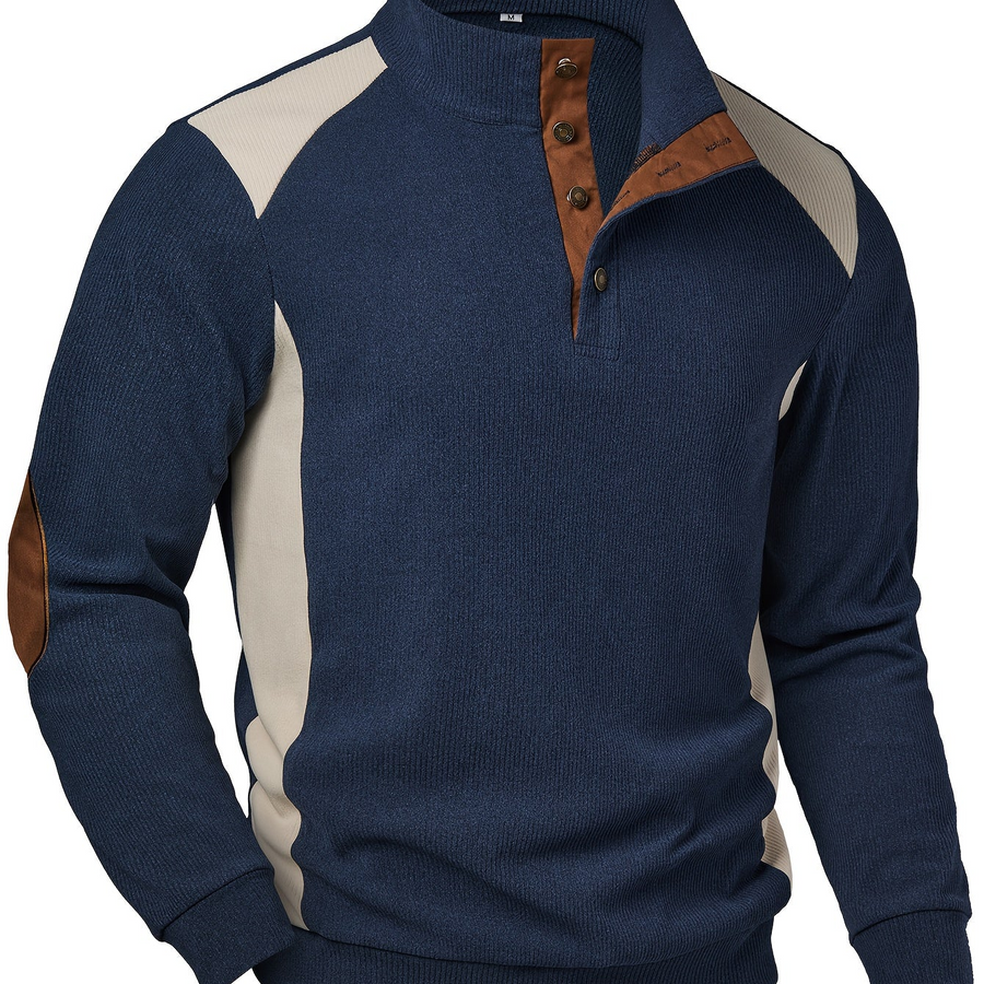 Herren Strickpullover Blau Beige mit Stehkragen & Knopfleiste, Ellbogen-Patches