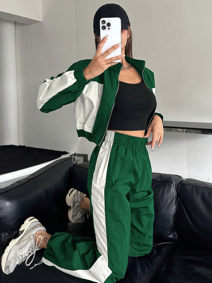 Damen Trainingsanzug Set Zweiteiler mit Colorblock Jacke und Jogginghose
