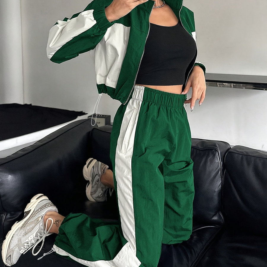 Damen Trainingsanzug Set Zweiteiler mit Colorblock Jacke und Jogginghose