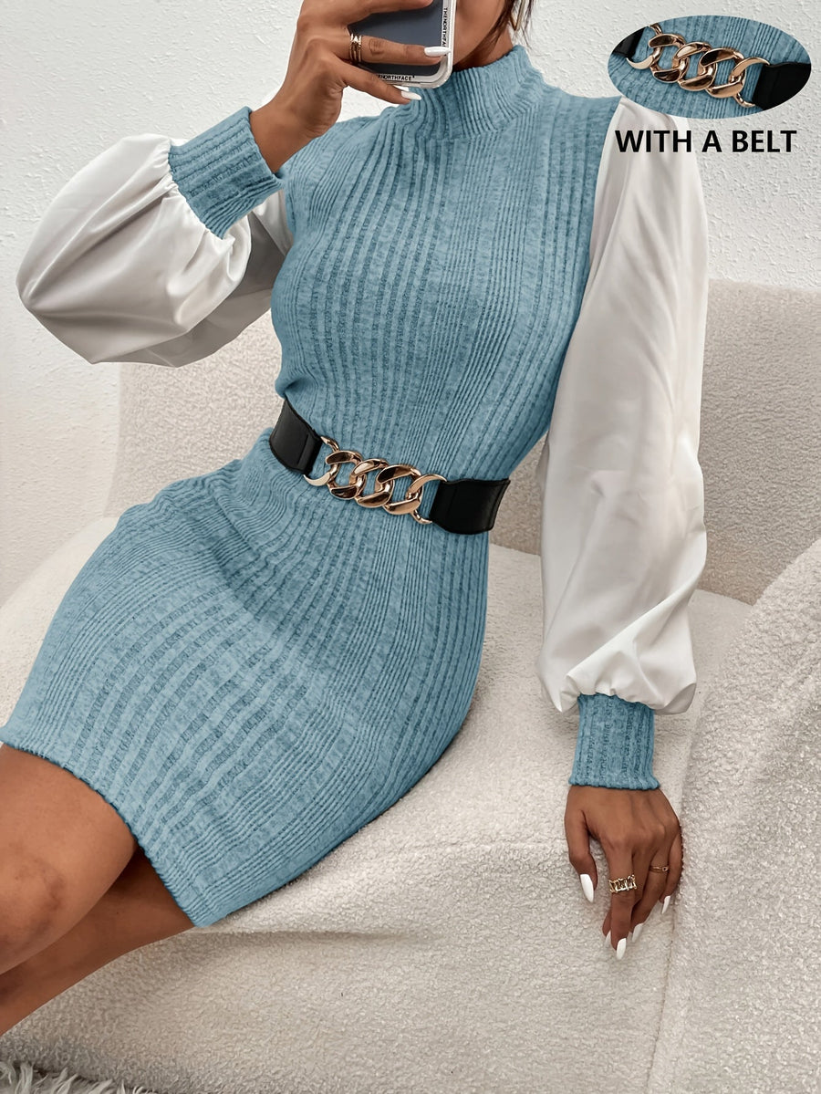 Damen Rippstrick-Kleid mit Stehkragen und Puffärmeln, inklusive Gürtel