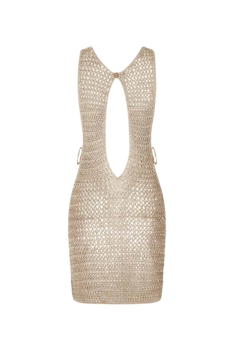 Beiges Häkelkleid Damen Ärmelloses Strickkleid mit Ringdetail Minikleid