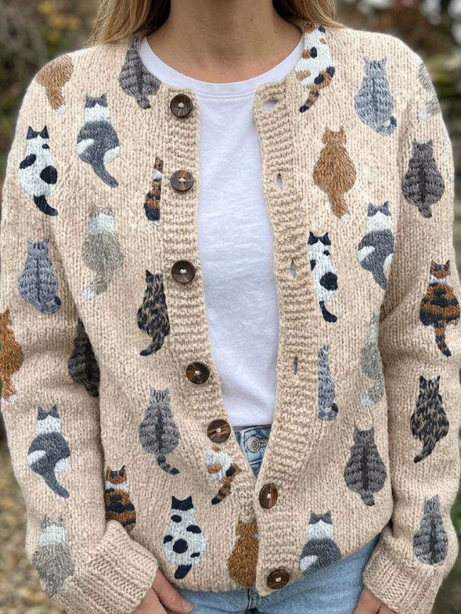 Dames gebreid vest met kattenpatroon en knoopsluiting
