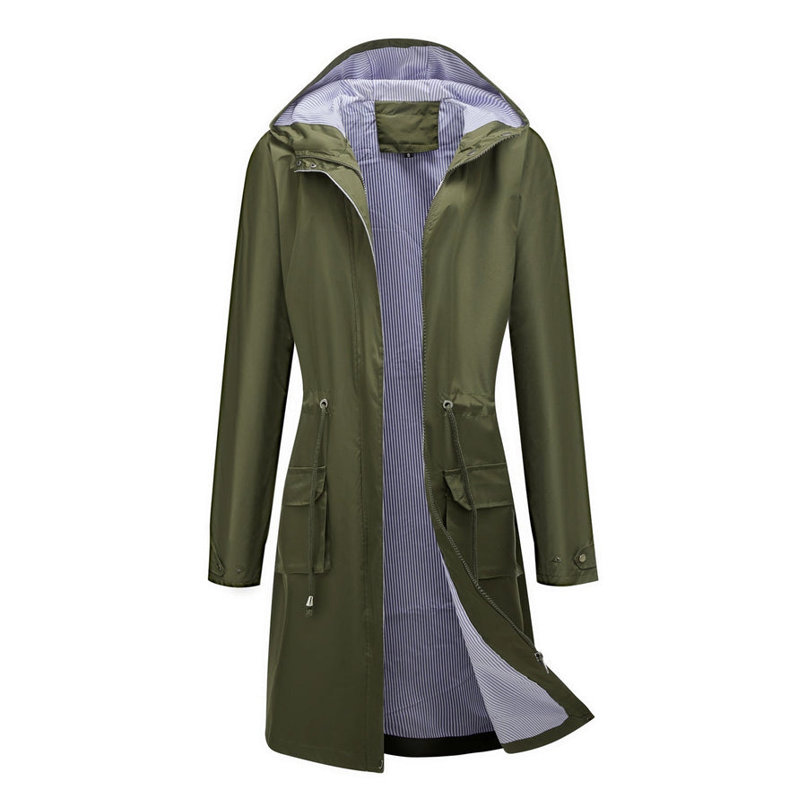 Damen Langer Regenmantel mit Kapuze Tunnelzug Freizeit Jacke