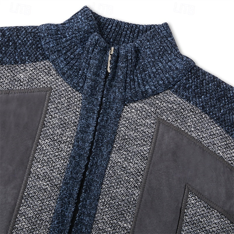 Herren Strickjacke Reißverschluss Stehkragen mit Kontrast-Einsätzen