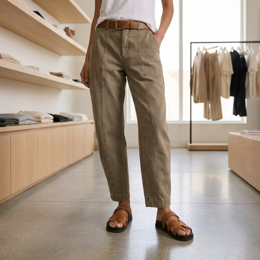 Damen Freizeithose mit sichtbaren Nähten und Gürtelschlaufen, Khaki oder Oliv
