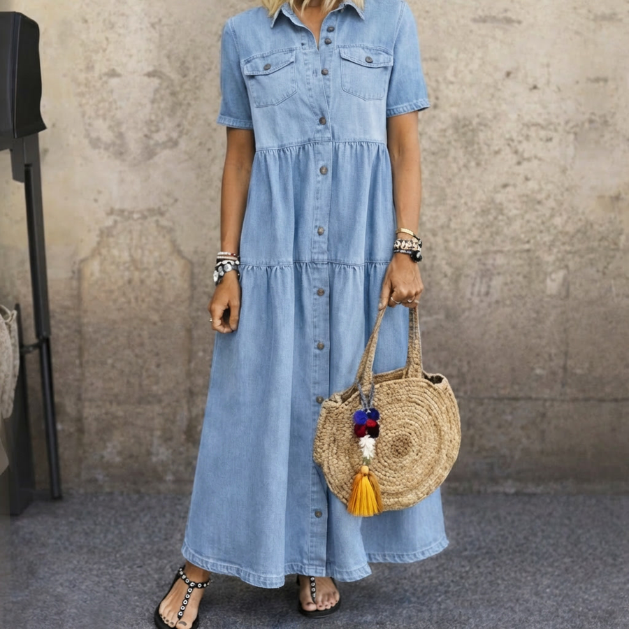 Jeanskleid Damen Maxikleid Hemdblusenkleid Kurzarm Stufenrock