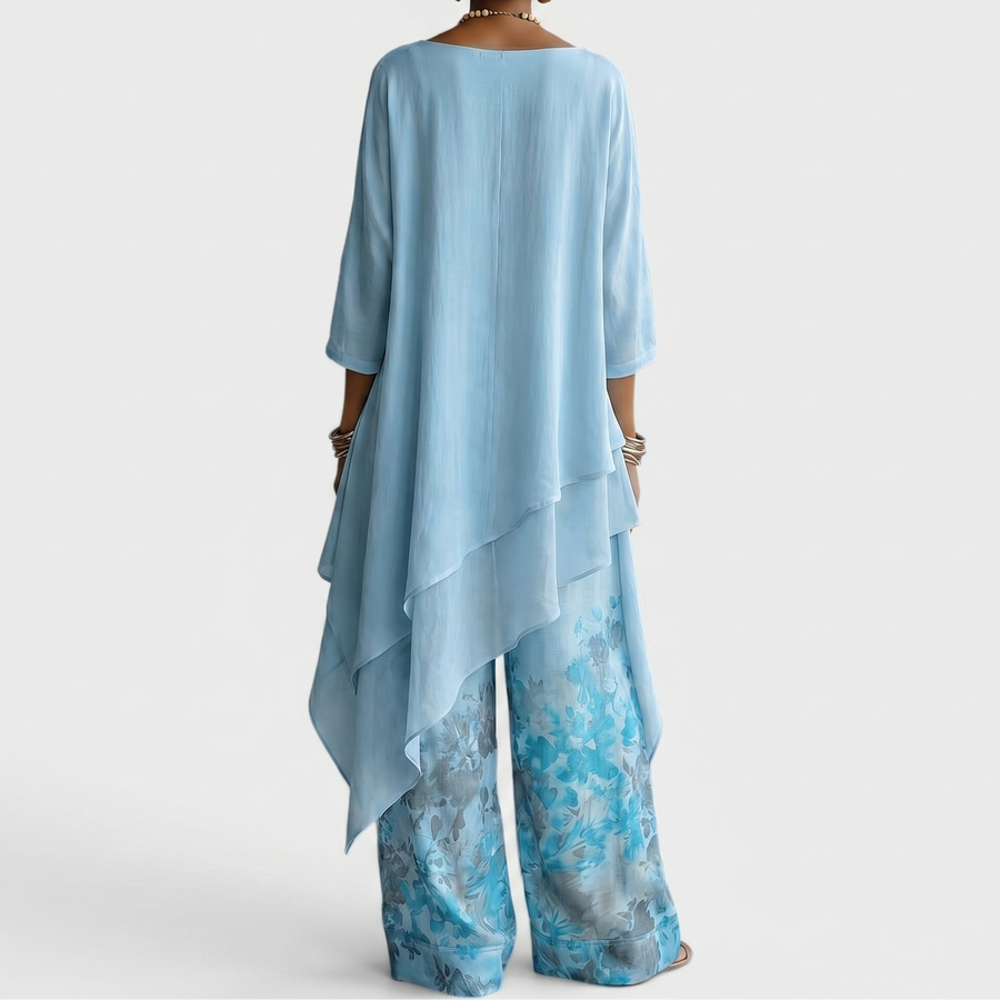 Damespak uit 2 delen: tuniek met asymmetrische zoom & wijde broek met bloemenpatroon
