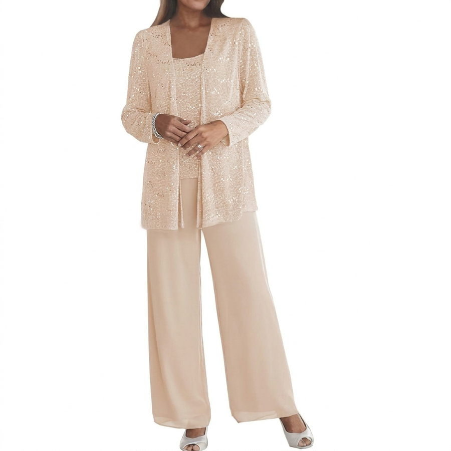 Damen 3-teiliges Set Pailletten Cardigan Top Weite Hosen Party Outfit